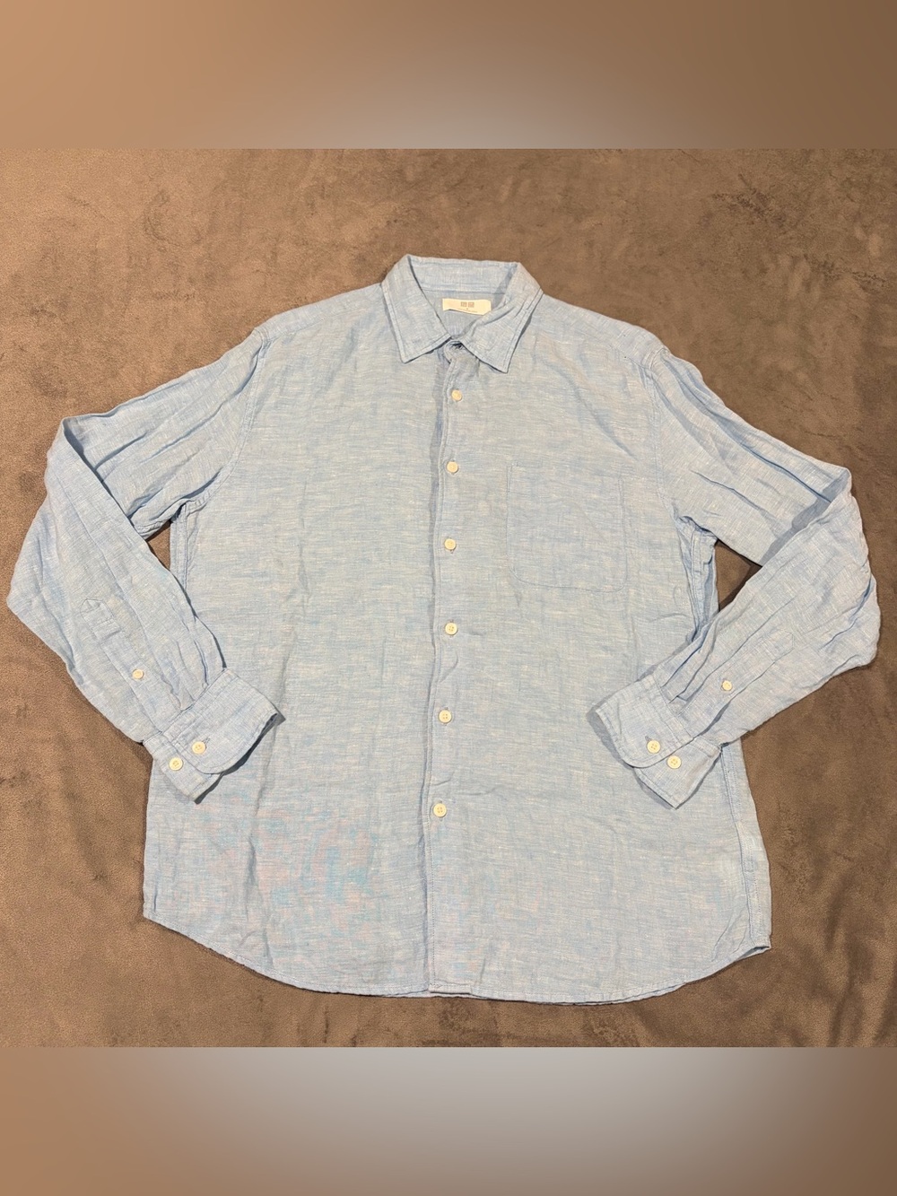 Uniqlo Shirt Mens Medium Blue 100% Linen Button Up Long Sleeve Lightweight